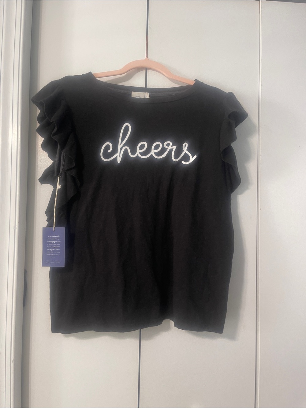 "Cheers" Ruffle Sleeve Women's Top - Black